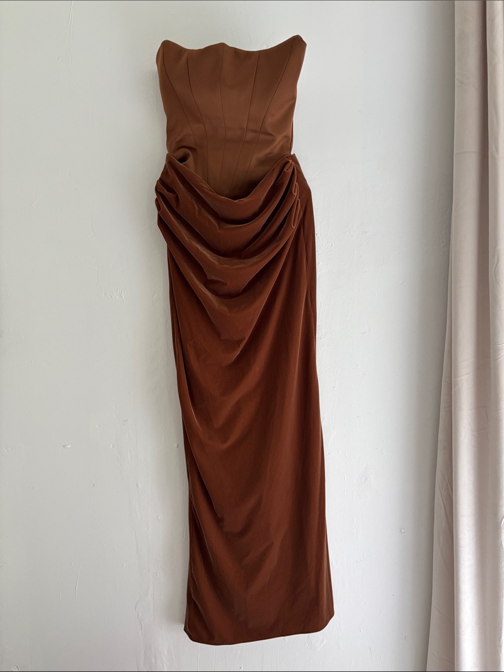 🤎 House of CB Brown Strapless Corset Maxi Dress — Size S (Bigger Cup D-E)